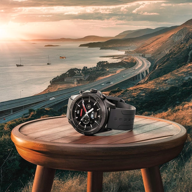 a watch sits on a table with a view of the ocean and mountains in the background