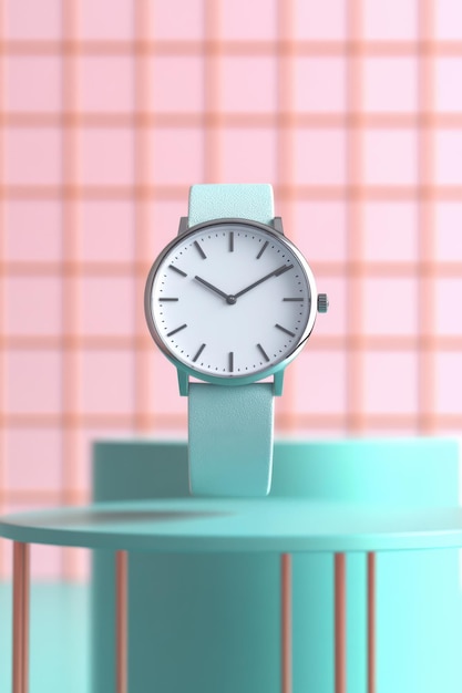 a watch sitting on top of a table with a pink background