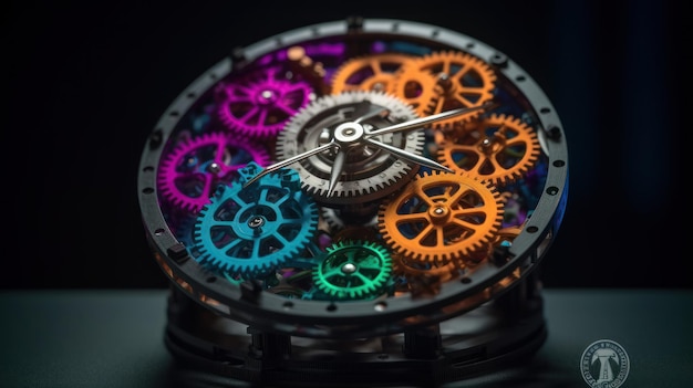 A watch with a colorful cog wheel in the center