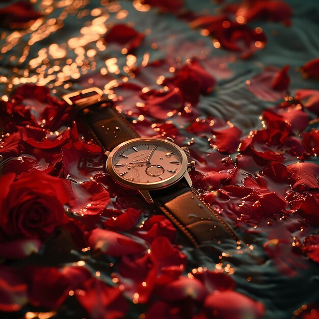 Photo a watch with a gold band sits in water with flowers in the background