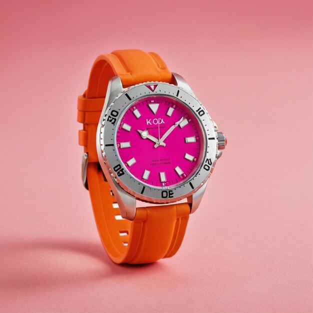 a watch with a pink face and a black band is on a pink background