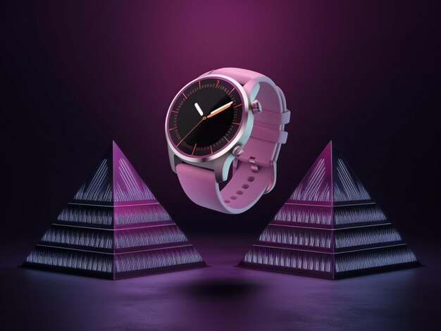 a watch with a pink face and a black face and a purple background