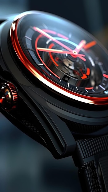 A watch with a red face and black dial.