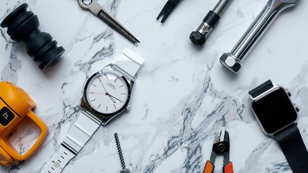 Photo a watch with a silver band and a watch on a table