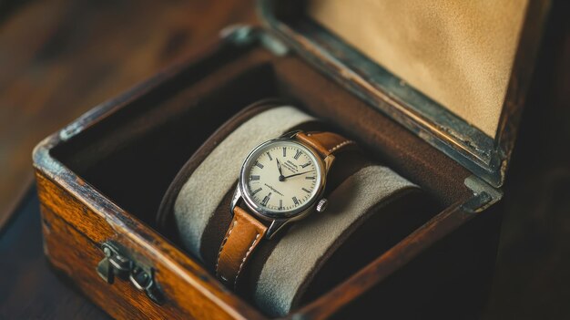 Photo a watch in a wooden case with a brown band on it