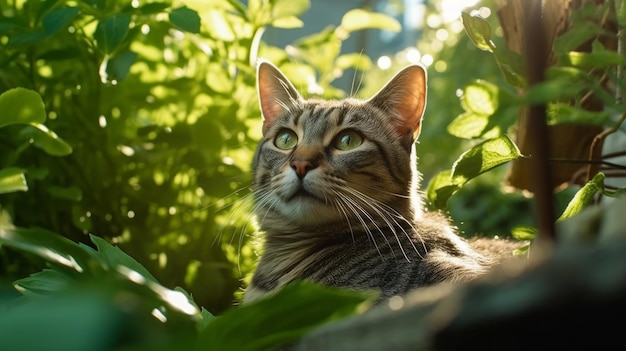 A watchful cat keeping an eye on the backyard AI generated