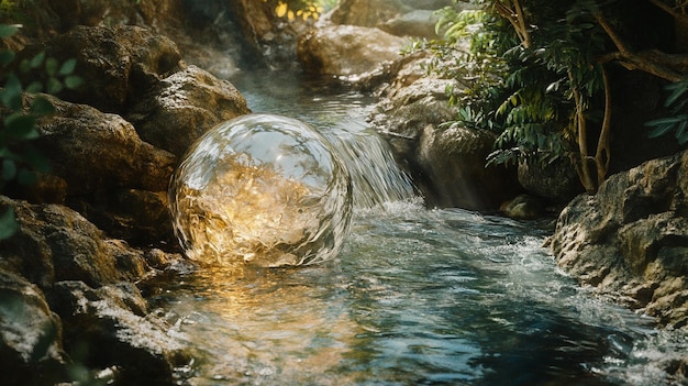 a water ball is in the water in the woods