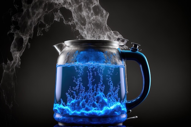 Water in a blue electric kettle is being heated