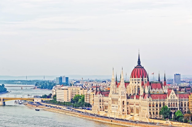 Water boat at Danube River and Hungarian Parliament Building, Hungary