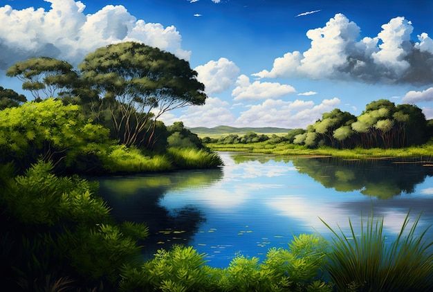 Water body surrounded by lush trees and a beautiful sky