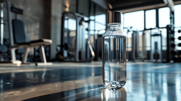 A water bottle in a gym setting