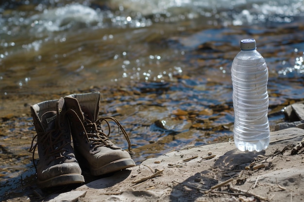 Water bottle left beside boots at a springs edge