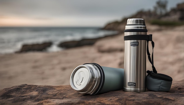 Photo a water bottle on a rock with the words  thermos  on it