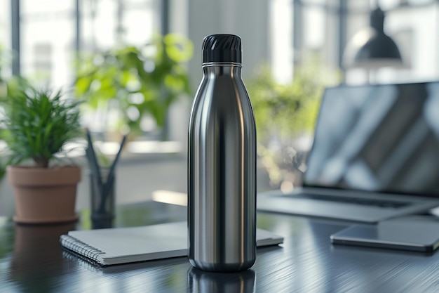 Photo a water bottle with a black cap sits on a table