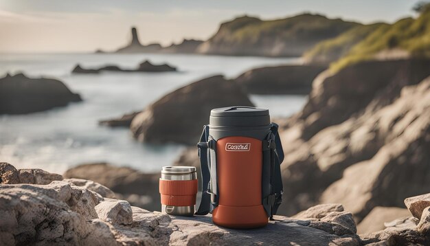 a water bottle with a camera on it sits on a rock next to a cup of coffee