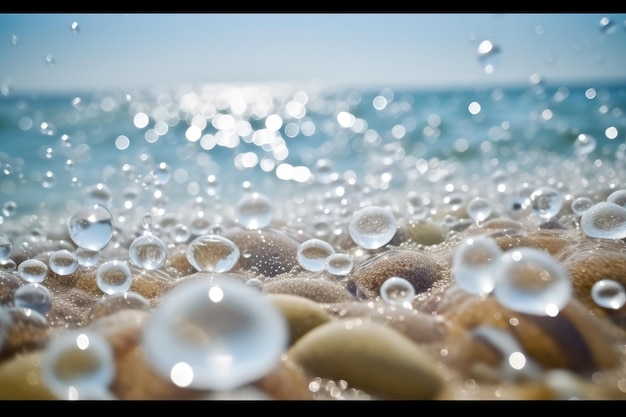 Water bubbles on the beach and the sea is clear and the sky is clear.