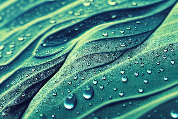 Water bubbles drops on green ribbed leaf