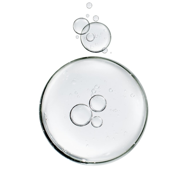 Water bubbles floats or cosmetic liquid serum drops on white background skin care concept