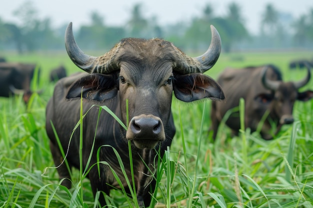 Water Buffalo grazing in the fields of Isan Thailand A beautiful display of nature and agriculture