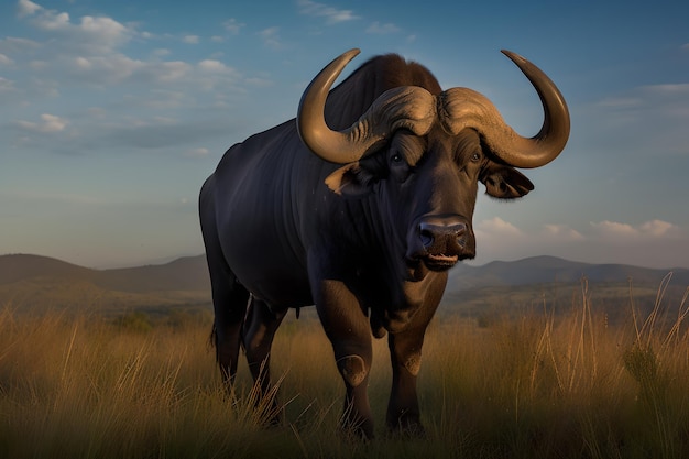 A water buffalo is walking in a field.