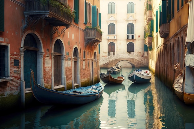 Water channel in city center with boats tied to shore