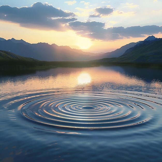 a water circle with a sun setting behind it