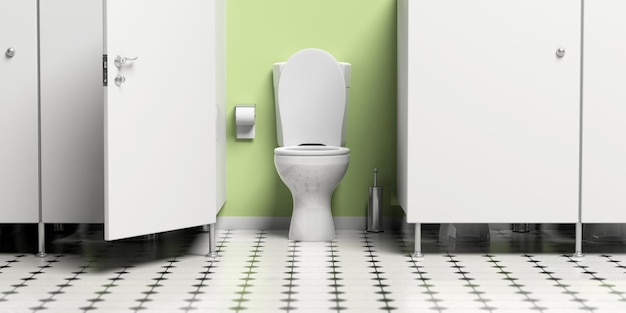 Water closet with open door and white toilet bowl 3d illustration