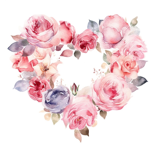 Water color flowers forming heart love on white background