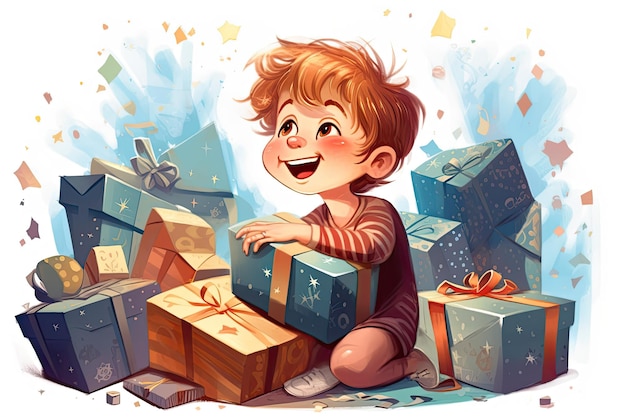 Water color illustration of birthday boy unpacks a big present box his excitement contagious