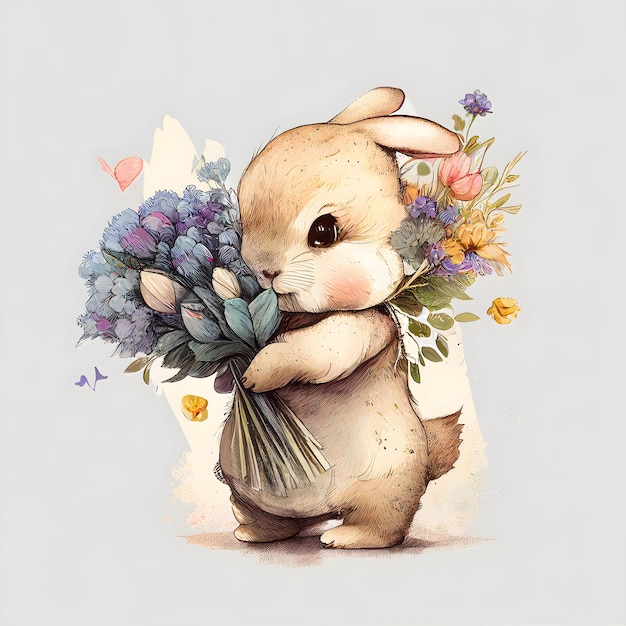 A water color illustration of a cute rabbit hold flowers generative AI