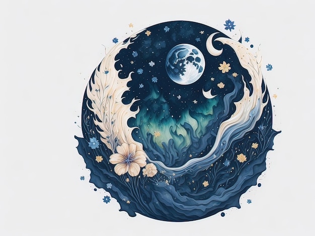 Water color of moon and stars