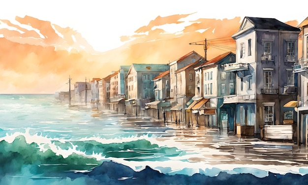 water color paint of a coastal city with water levels creeping up