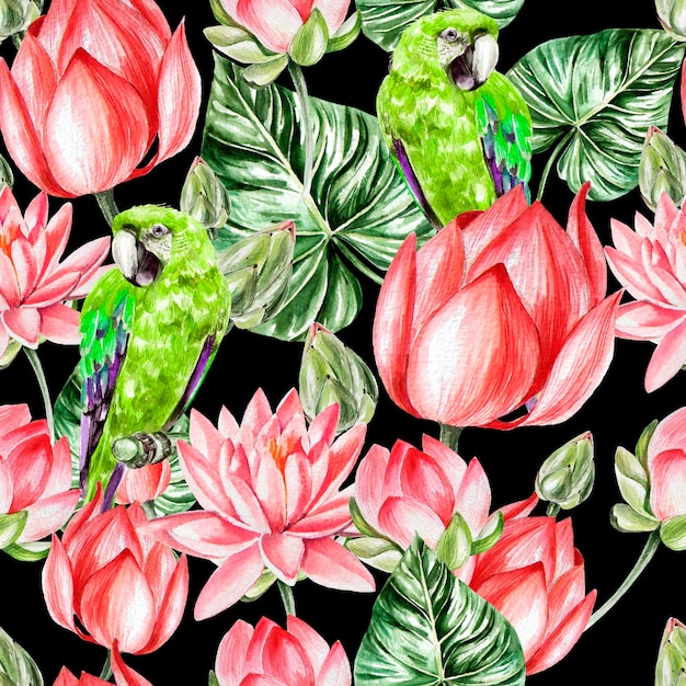 Water color pattern with lotus and parrot