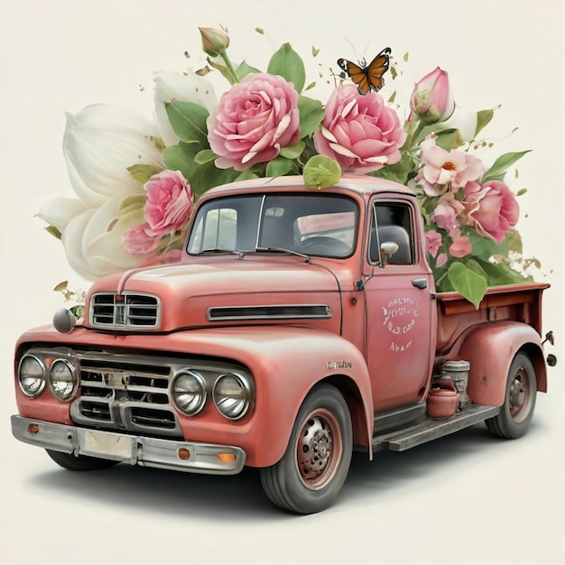 A water color of a pink antique ford truck filled with Chinese rose pussy willow Camellia flowe