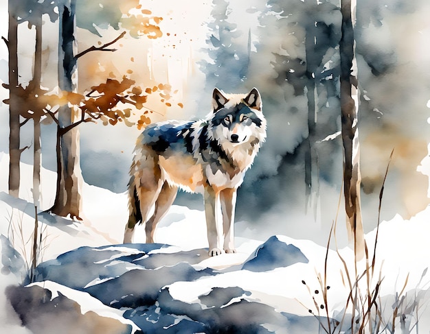 Water Color Wolf in natural environment