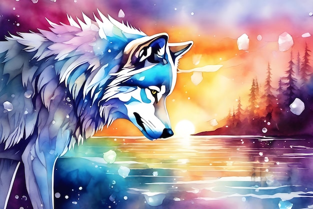 Water Colorful Wolf