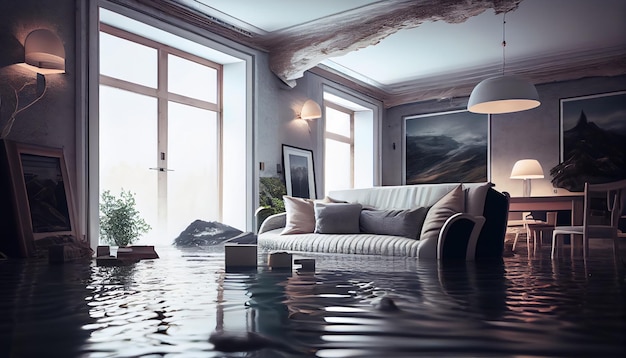 Water damager after flooding in house with furniture floating