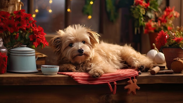 water dog surrounded by poinsettias and christmas balls