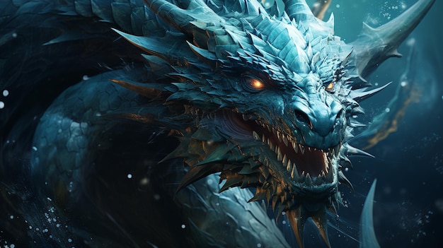 Water Dragon Sea Monster in blue water Blue Fantasy dragon in the ocean Head of a Fantasy dragon