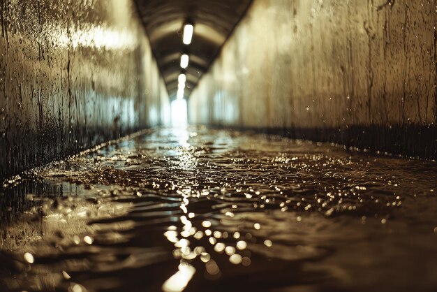 Photo water drips in a tunnel illuminating the path with golden reflections