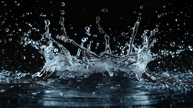 A water drop creates a large splash with droplets flying out against a black background