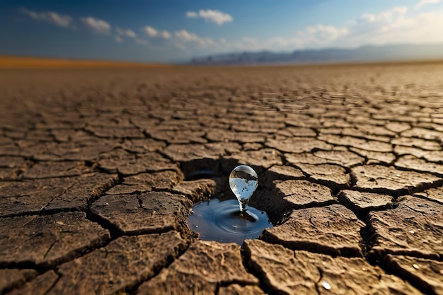 Photo a water drop with a background of a drought land a concept for water conservation