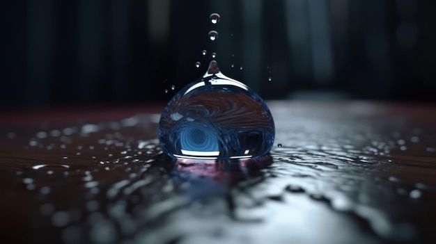 Water drop on a wooden surface with a blue background and the word drop on it.