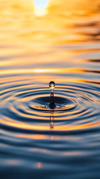 Water droplet creating ripples in sunset light