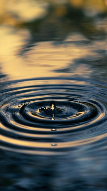 Water droplet creating ripples on a tranquil pond at sunset peaceful nature concept