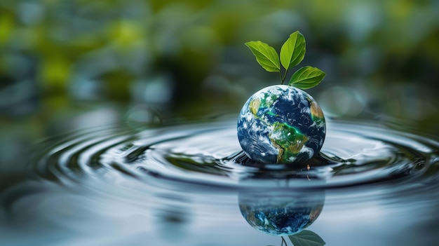 Water droplet Earth with green leaves symbolizing water conservation and natural resources