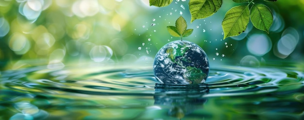 Water droplet Earth with green leaves symbolizing water conservation and natural resources