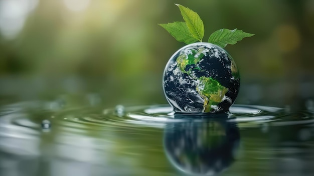 Water droplet Earth with green leaves symbolizing water conservation and natural resources