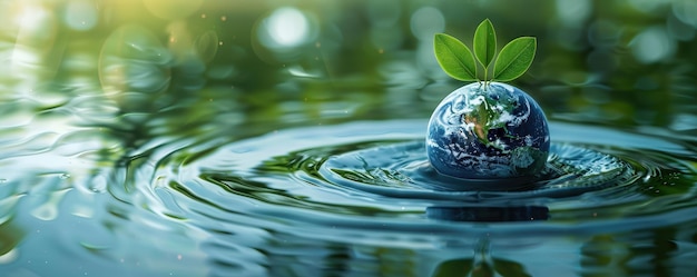 Photo water droplet earth with green leaves symbolizing water conservation and natural resources