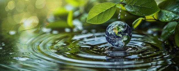 Photo water droplet earth with green leaves symbolizing water conservation and natural resources